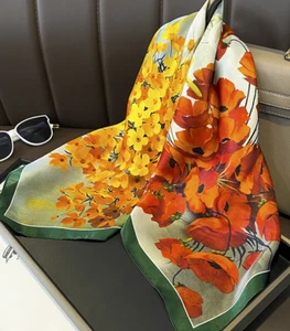 100% Mulberry Silk 26" Square Scarf Women neckerchief Wrap floral greennew - Picture 1 of 5