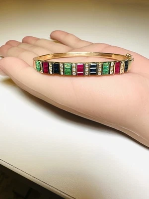 14K YG 3.00 CTW Natural Diamond Emerald Ruby Sapphire Bangle Bracelet 20.7 gr. - Image 1 of 4