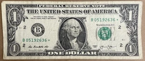 2013 B Duplicate Star Note Error Fancy Serial Number One Dollar Bill B 05192636* - Picture 1 of 2