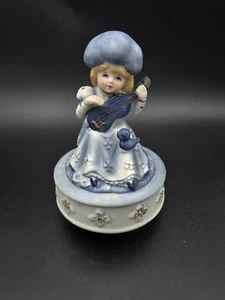 Vtg Bisque Little Girl Playing Guitar Blue With Bird - Music Box Does NOT work. - Picture 1 of 6