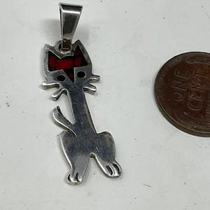 Vtg Mexican Silver Kitty Cat Pendant. No chain. Mexico Sterling Silver & Inlay. - Picture 1 of 4