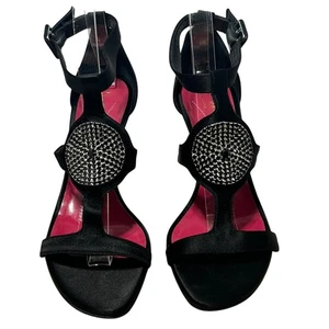 Kate Spade New York Black Large Jewel Strappy Satin Open Toe Stiletto Heel- 6.5B - Picture 1 of 9