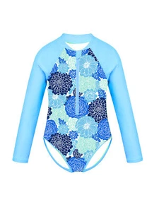 Kids Girls One-piece Long Sleeves Swimsuits Palm Printed Zippered Bathing Suits - Picture 1 of 25