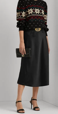 Lauren RALPH LAUREN Black Satin Charmeuse A-Line Midi Skirt SZ.14 NWT$125 - image 1 of 4