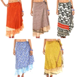 5 PCs Lot Vintage Sari Silk 2 Layer Magic Wrap Around Long Skirts Bohemian - Picture 1 of 9