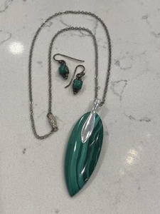 Vintage Sterling Silver 925 Chain Necklace With Malachite Pendant & Earrings Set - Picture 1 of 14