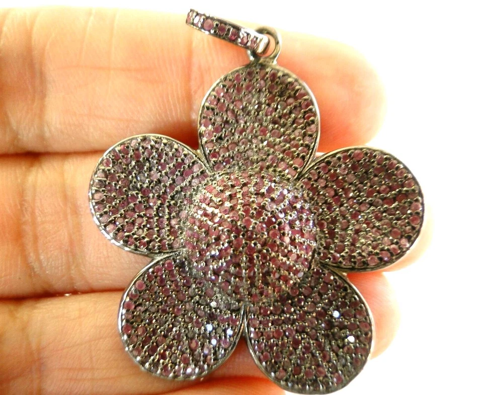 Natural Ruby Flower  Antique Finish 925 Sterling Silver Pendant - Image 1 of 4