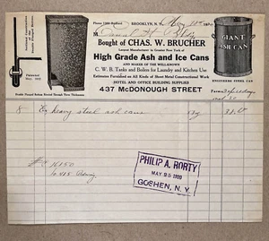 Brooklyn NY 1920 Pictorial Billhead CHAS. W. BRUCHER Ash & Ice Cans Manufacturer - Picture 1 of 2