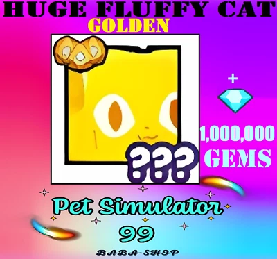 HUGE, DIAMONDS, GEMS, PS99, PSX, PET SIMULATOR 99, EXCLUSIVE GOLDEN HUGE Fluffy Cat + 1M Gems 100% Clean - Pet Simulator 99 - PS99 - Fastest