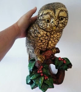 LARGE Vintage  Chalkware Owl Statue On Holly Branches 12 inch - Picture 1 of 9