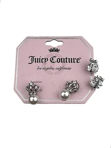 Juicy Couture Lot of 2 Pierced Earrings Silver Tone Crown Faux Pearl Hearts - Picture 1 of 14