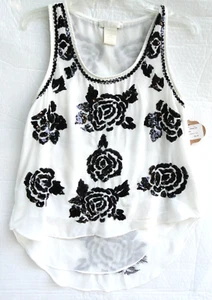 MM Couture Miss Me schwarz & elfenbeinfarben Pailletten Blumen High-Low Top Damengröße Small - Bild 1 von 11