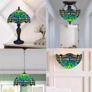 10 Zoll Tiffany Stil Tisch/Decke/Pendelleuchte Lampenschirm Handarbeit Buntglas - Bild 1 von 23