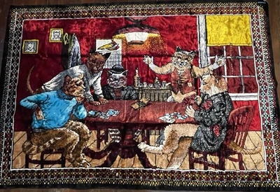 Alfombra tapiz turca de algodón de colección para gatos jugando al póker años 70 exhibición de pared 70” x 48” Foto 1 de 4
