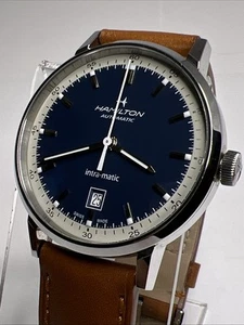 Hamilton Intra-Matic Automatic Date Watch Blue & Ivory Dial Box & Papers H384250 - Picture 1 of 13