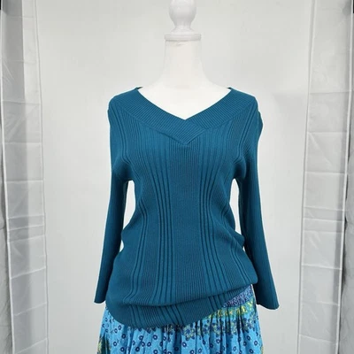 Carolyn Taylor Women’s Teal Blue Ribbed V-Neck Knit Sweater Top L Slim Fit Chic - Image 1 of 4