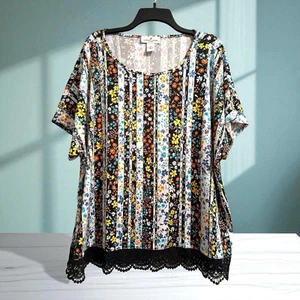 Larky Lark Floral Tunic Blouse Lace Hem Womens 1X Multicolor Short Sleeves - Picture 1 of 21