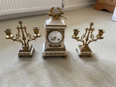 French white marble and spelter mantel clock with candlesticks - Image 1 of 4