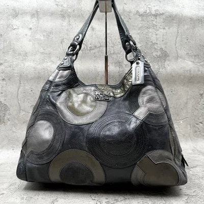 Coach 14298 Inlaid Op Art Shoulder bag Hobo Leather patchwork Brack Gray Used - Image 1 of 4