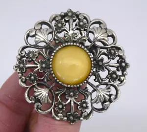 Vintage Large Pewter Brooch Round Floral Open Work Yellow Centre Stone - Picture 1 of 6