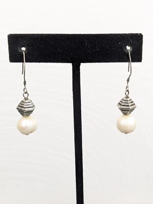 Серебро 925 белый барокко жемчуг круглый сложенный Бали стиль падение пирсинг Ea - Изображение 1 из 4