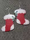 Handmade Christmas Earrings, Red And White Stockings, Sterling Silver 3 Inches