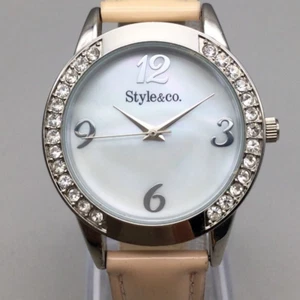 Style & Co. Watch Women 34mm Silver Tone MOP Bling Pink Leather Band New Battery - Picture 1 of 17