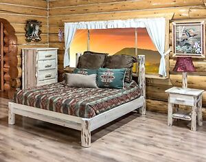  Log Bedroom SET Rustic Montana QUEEN Bed Frame Dresser Lamp Nightstand 