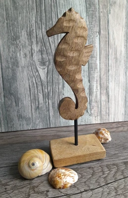 Seepferdchen Figur Aufsteller Sockel Mango Holz Natur Maritime Deko 21,5cm - Bild 1 von 4