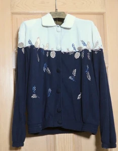 Vintage Teddi Petite Large Blue Cream Fleece Jacket w Embroidered Nut Bird Leave - Picture 1 of 11
