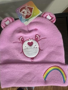 Care Bears Cheer Bear Beanie Knit Hat W/ Ears Embroidered Heart & Rainbow Pink - Picture 1 of 6