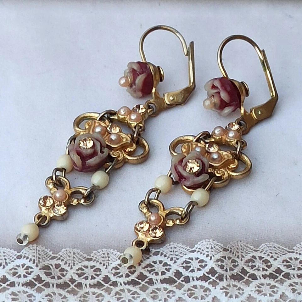 Michal Negrin Earrings Filigree Carved Rose Gold Plated Victorian Crystals Gift - Image 1 of 4