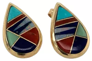 Pendientes Calvin Begay de oro amarillo de 14 quilates con incrustaciones de varias piedras de 5/8" 6 g - Imagen 1 de 6