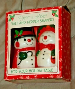Vintage 1980 Hallmark Happy and Merry MR & MRS Snowmen Salt and Pepper Shakers - Picture 1 of 11