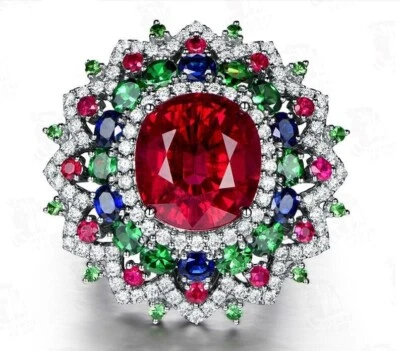 9.50TCW Lab-Created Multi Shape Ruby, Peridot, White & Blue Sapphire Halo Ring - Image 1 of 4