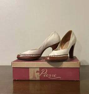 VTG 1950s Women’s 7 Super Flex American Girl High Heel White Suede & Brown Shoes - Picture 1 of 15