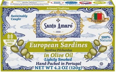 12 Pack Santo Amaro European Wild Sardines in Olive Oil Lightly Smoked (120g/un) - Image 1 of 4