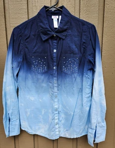 Justice Blouse Cotton Button Long Sleeve Ombre Blue Rhinestone Pocket Girls 20 - Picture 1 of 5