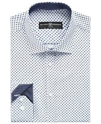 Camisa de vestir Society of Threads para hombre ajustada elástica con estampado cuadrado blanca azul marino L Foto 1 de 4