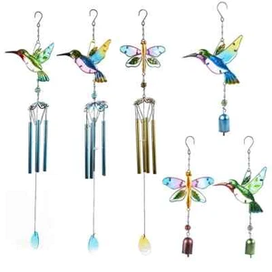 Wind Chime Hummingbirds Dragonflies Metal Glass Painted Crafts Hanging Pendants - Picture 1 of 18