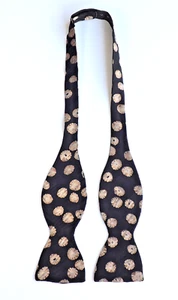 Vintage CAMILLA SMITH Pure SILK Bow Tie Self Tie Black with Light Bronze Flowers - Picture 1 of 10