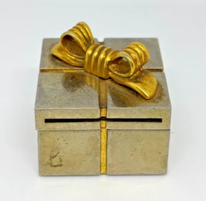 90s Heavy Gift Time Box Bow Mini Photo Frame Clock Metal Silver Gold Tone Hinged - Picture 1 of 10