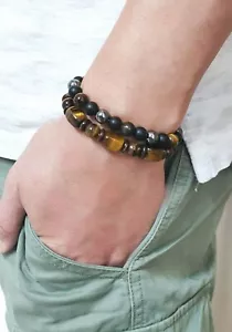 Set of 2 Natural Gemstone Tiger Eye Beaded Leather Men Bracelet Bangle UK - Picture 1 of 10
