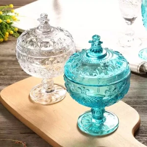 Sale Crown Glass Candy Jar Dish Vintage Dessert Bowls with lid 7.08in Tall Set1. - Picture 1 of 8