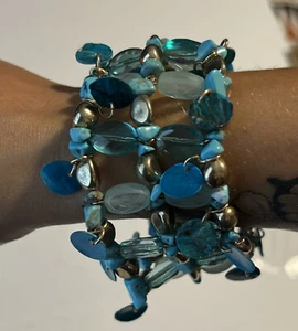 Bracciale Boho Vintage Aqua-Blue Vetro Perline, Turchese,Guscio Blu,Elastico. - Foto 1 di 5