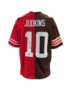 Camiseta deportiva personalizada firmada por Quinshon Judkins autografiada de los Browns Buckeyes dividida Swau certificado de autenticidad - Imagen 1 de 2