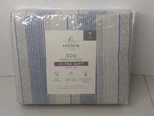 JCPenney Home 300TC Ultra Soft Twin Sheet Set 100% Cotton Blue White Stripe - Picture 1 of 4