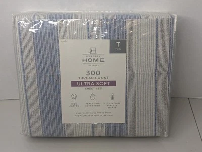 JCPenney Home 300TC Ultra Soft Twin Sheet Set 100% Cotton Blue White Stripe - Image 1 of 4