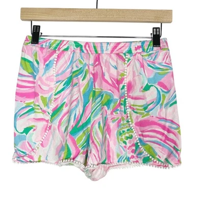Шорты без застежек Lilly Pulitzer для девочек размер XL 12-14 розовые сине-зеленые помпоны хлопок - Изображение 1 из 4