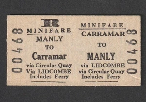 VINTAGE NSW S.R.A MANLY TO CARRAMAR VIA CIRCULAR QUAY TRAIN / FERRY TICKET - Foto 1 di 2